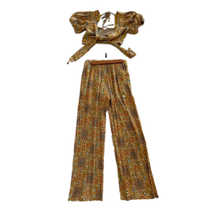 En Creme Mustard and gold Patterned top and pants